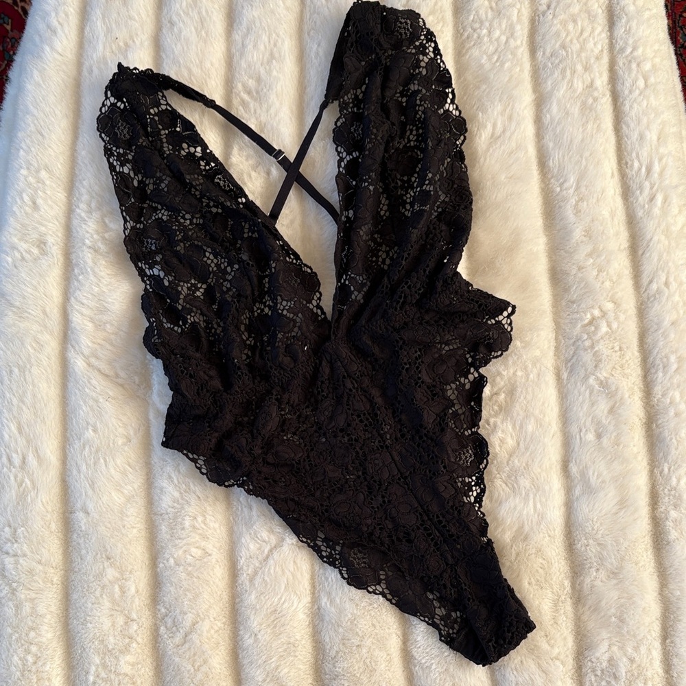Victoria secret used worn Black Lace Teddy Bodysuit